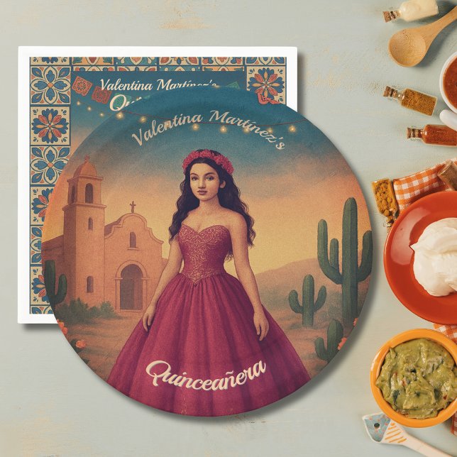 Vintager Quinceañera Individuelle Name Rotes Kleid Pappteller (Custom Vintage Quinceañera Red Dress Talavera Art Napkins)