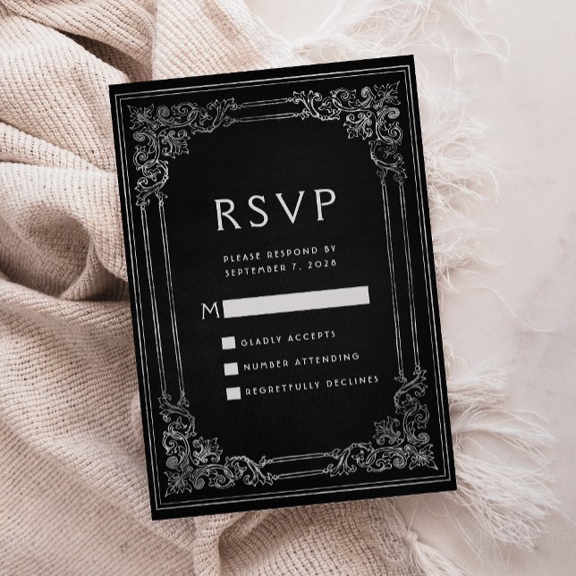 Vintager Rahmen Schwarz-Silber-Hochzeit RSVP Karte (Von Creator hochgeladen)
