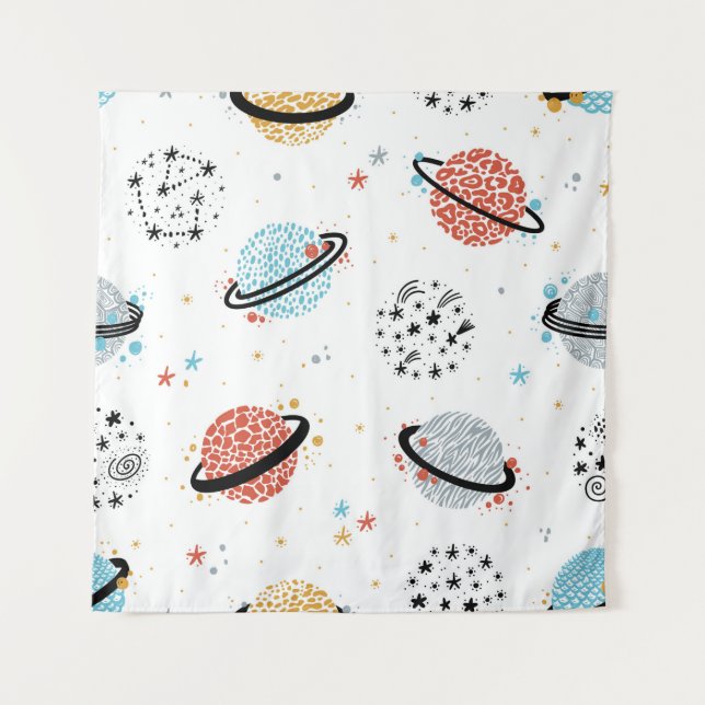 Vintager Raum Nahtloses Muster mit Doodle Saturn Wandteppich (Vorderseite)