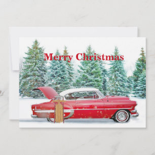 Vintager Red Car Snow Schlitten Weihnachtswoche Feiertagskarte