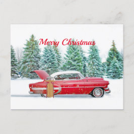 Vintager Red Car Snow Sled Weihnachten Postkarte