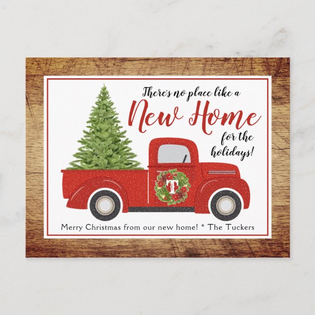 Vintager Red Christmas Truck Neue Adressbewegung Postkarte (Vorderseite)
