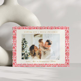 Vintager Red Damask Festlich Zwei Fotos Weihnachte Feiertagskarte