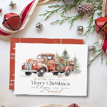 Vintager Red Farm Truck Weihnachtsbaum Feiertagskarte<br><div class="desc">Diese niedliche und festliche Weihnachtskarte "Frohe Weihnachten und glückliches Neues Jahr" mit einem Vintagen roten LKW mit Weihnachtsbäumen und Feriendekorationen in Aquarell. Die Rückseite ist mit einem roten Hintergrund mit Winterdörfsmustern versehen. Personalisieren Sie es für Ihre Bedürfnisse. In meinem Geschäft finden Sie passende Produkte.</div>