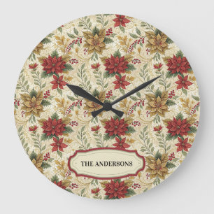 Vintager Red & Gold Poinsettia Floral Custonname Große Wanduhr