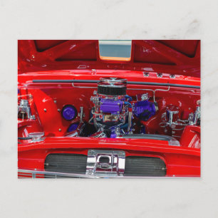 Vintager Red Hotrod Motor mit Holley Carburetor Postkarte