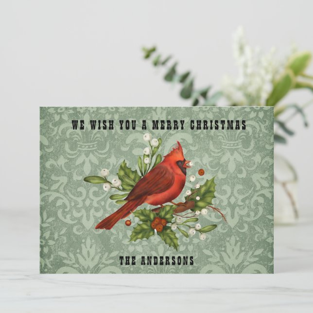Vintager Red Kardinal Bird Frohe Weihnachten (Stehend Vorderseite)