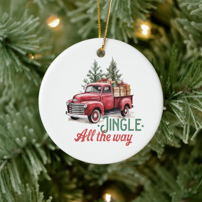 Vintager Red Lieferwagen Truck Jingle Keramik Ornament (Baum)