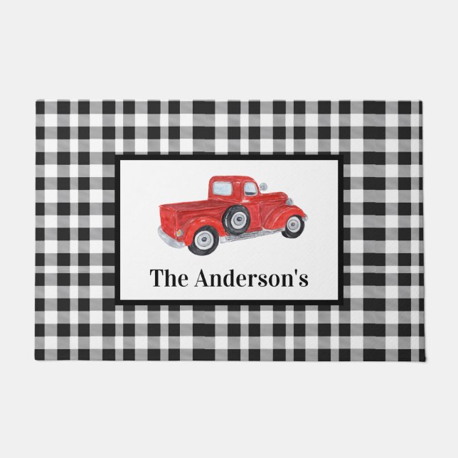 Vintager Red Lkw Black & White Buffalo Karo Fußmatte (Vorderseite)