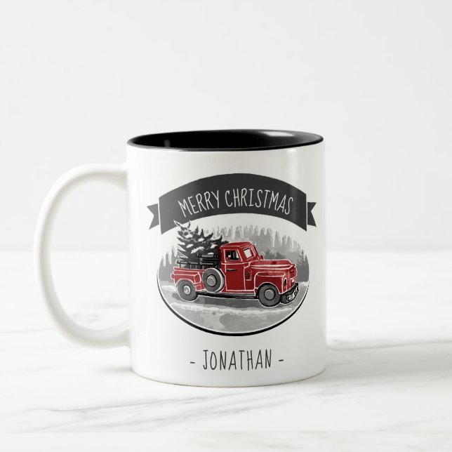 Vintager Red LKW Frohe Weihnachtsbezeichnung Retro Zweifarbige Tasse (Links)