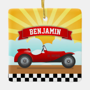 Vintager Red Race Car Personalisiert Name Kids Roo Keramikornament