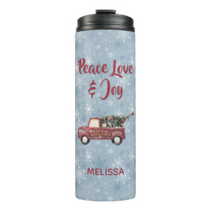 Vintager Red Toy Truck mit einem Weihnachtsbaum Thermosbecher
