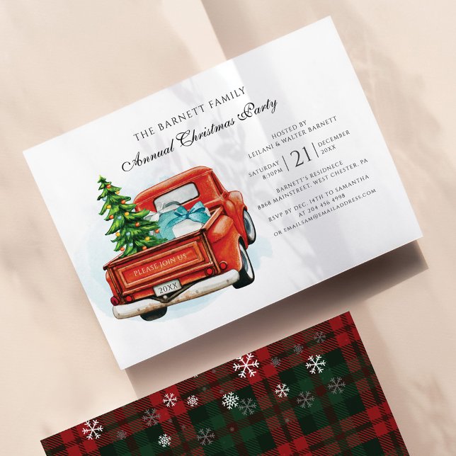 Vintager Red Truck Business Weihnachts-Party Einladung (Rustic Plaid Old Red Truck Christmas Holidays Family Party Invitation)