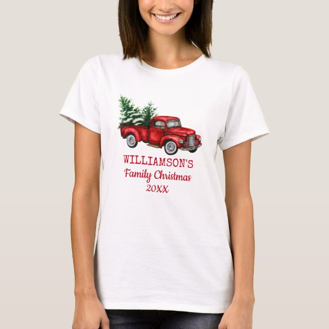 Vintager Red Truck Familie Weihnachten Frauen T-Shirt (Vorderseite)