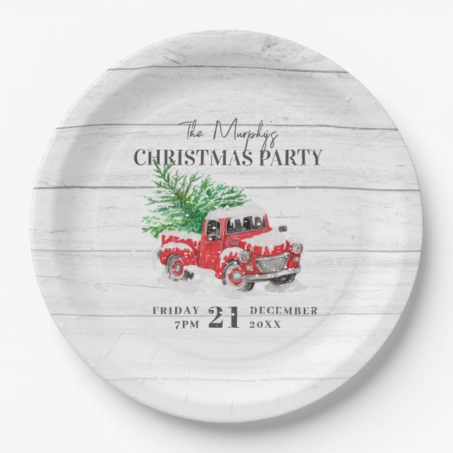 Vintager Red Truck Familienname Weihnachten Pappteller (Vorderseite)