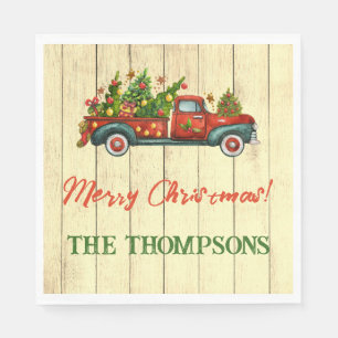 Vintager Red Truck Frohe Weihnachtsbaum Gruß Serviette