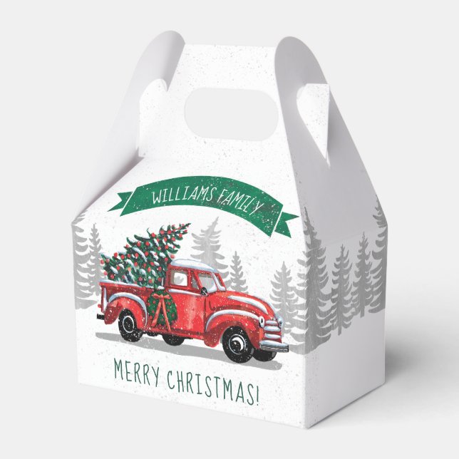 Vintager Red Truck Frohe Weihnachtsfamilie Name Geschenkschachtel (Vorderseite)