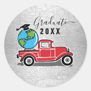 Vintager Red Truck Grad Cap World Globe Abschluss Runder Aufkleber