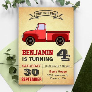 Vintager Red Truck Kindergeburtstag Party Einladun Einladung