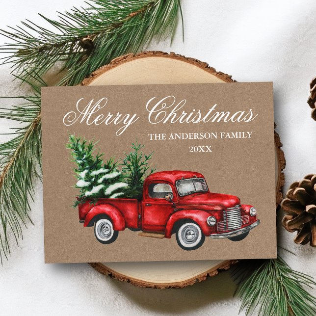Vintager Red Truck Kraft Frohe Weihnachten Postkarte (Customize to change text style or text size.)