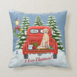 Vintager Red Truck Labrador Retriever Snow Familie Kissen