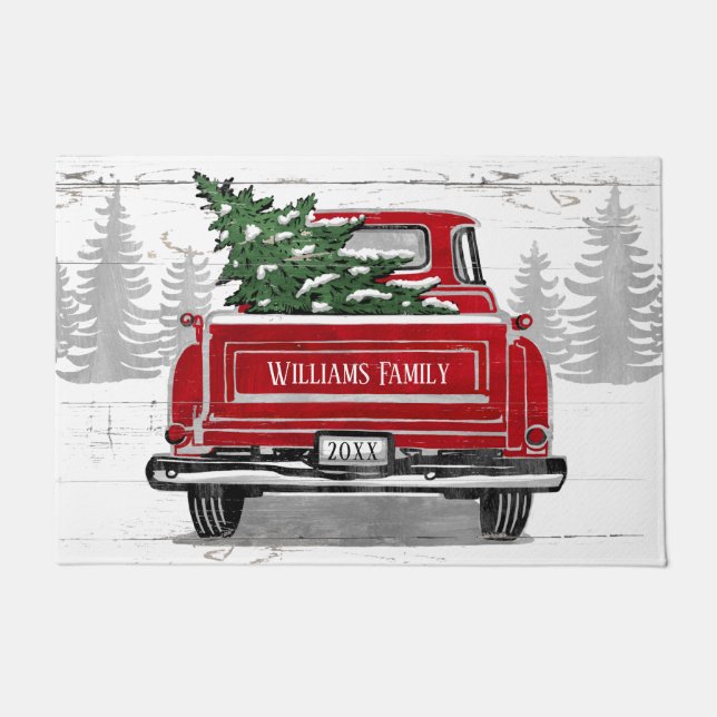 Vintager Red Truck mit dem Namen der Familie Chris Fußmatte (Vorderseite)