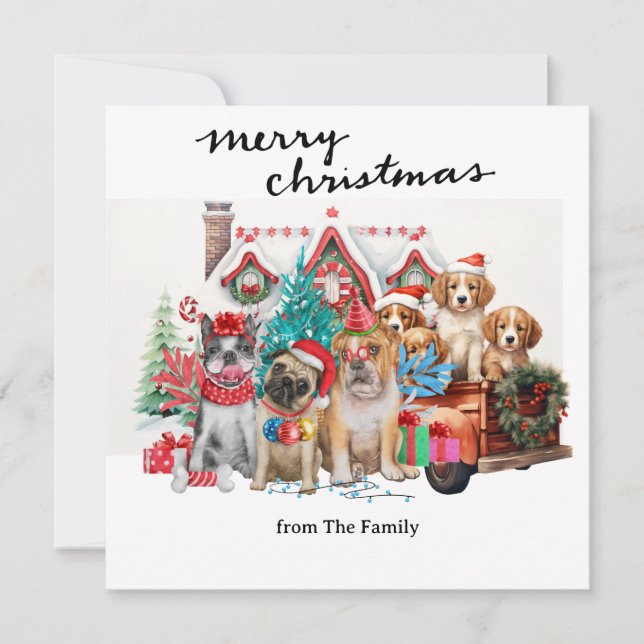 Vintager Red Truck mit Hunden Weihnachten (Vorderseite)