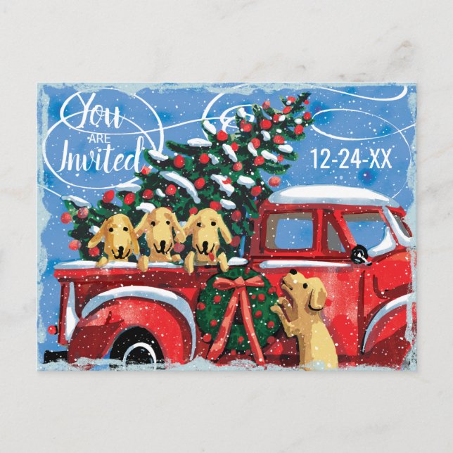 Vintager Red Truck mit Hunden Weihnachts-Party Einladungspostkarte (Vorderseite)