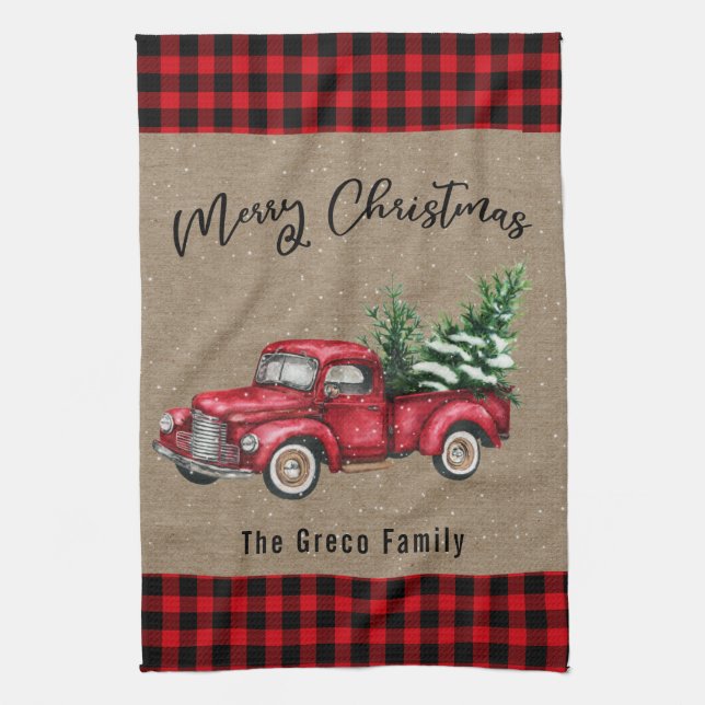 Vintager Red Truck mit Karierter Weihnachtsbaumfam Geschirrtuch (Vertikal)