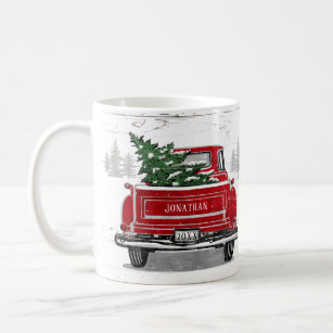 Vintager Red Truck mit Weihnachtsbaum Name Kaffeetasse