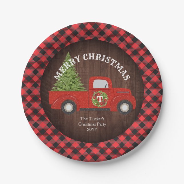 Vintager Red Truck mit Weihnachtsbaum Pappteller (Vorderseite)
