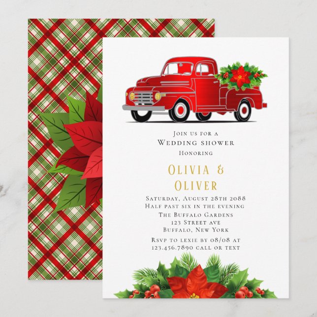 Vintager Red Truck Poinsettia Polterabend Einladung (Vorne/Hinten)