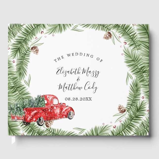 Vintager Red Truck Schnee Weihnachten Hochzeitsgas Gästebuch (Vorderseite)