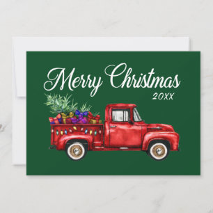Vintager Red Truck Tree Geschenke Frohe Weihnachte Feiertagskarte
