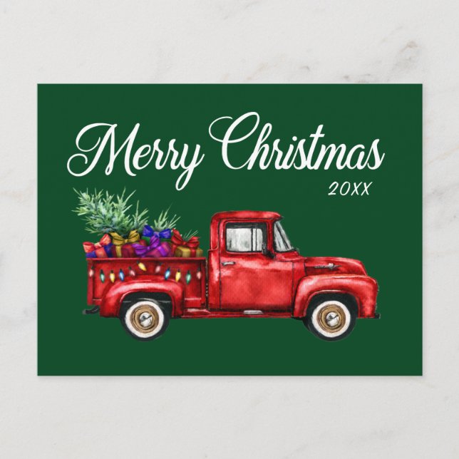 Vintager Red Truck Tree Geschenke Frohe Weihnachte Postkarte (Vorderseite)