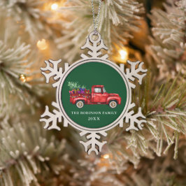 Vintager Red Truck Tree Geschenke Weihnachtsfeiert Schneeflocken Zinn-Ornament