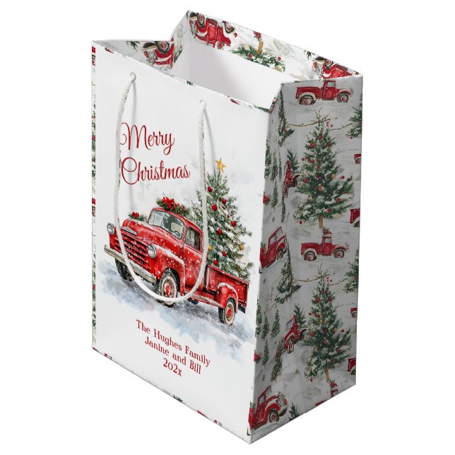 Vintager Red Truck Weihnachten Mittlere Geschenktüte (Rückseite Schrägansicht)