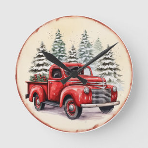 Vintager Red Truck Weihnachten Runde Wanduhr