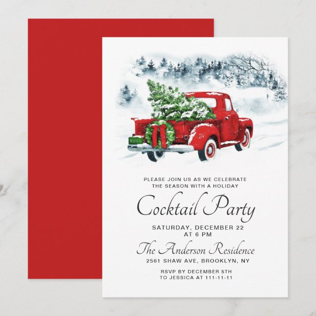 Vintager Red Truck Weihnachts-Cocktail-Party Einladung (Vorne/Hinten)