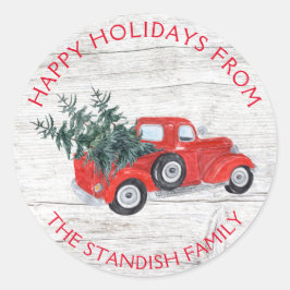 Vintager Red Truck Weihnachtsbaum Barnholz Runder Aufkleber