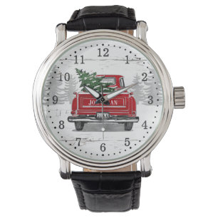 Vintager Red Truck Weihnachtsbaum Rustikale Holzru Armbanduhr