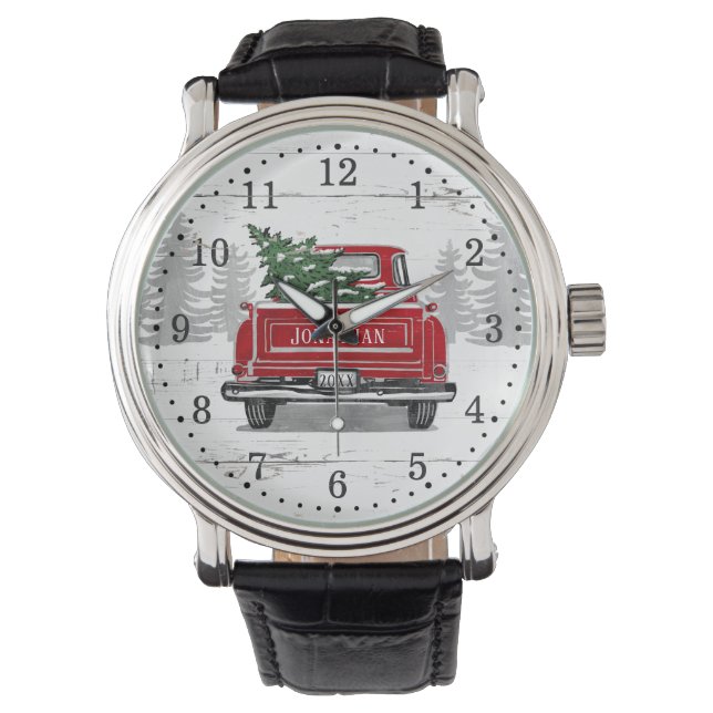 Vintager Red Truck Weihnachtsbaum Rustikale Holzru Armbanduhr (Vorderseite)