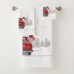 Vintager Red Truck Weihnachtsbaum Rustikaler Name  Badhandtuch Set