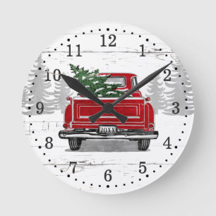 Vintager Red Truck Weihnachtsbaum Rustikales Holz Runde Wanduhr