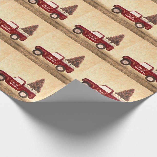 Vintager Red Truck Weihnachtsbaum Rustikales Muste Geschenkpapier (Ecke)