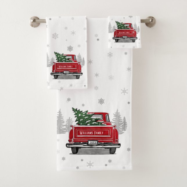 Vintager Red Truck Weihnachtsbaum Schneeflocken Na Badhandtuch Set (Insitu)