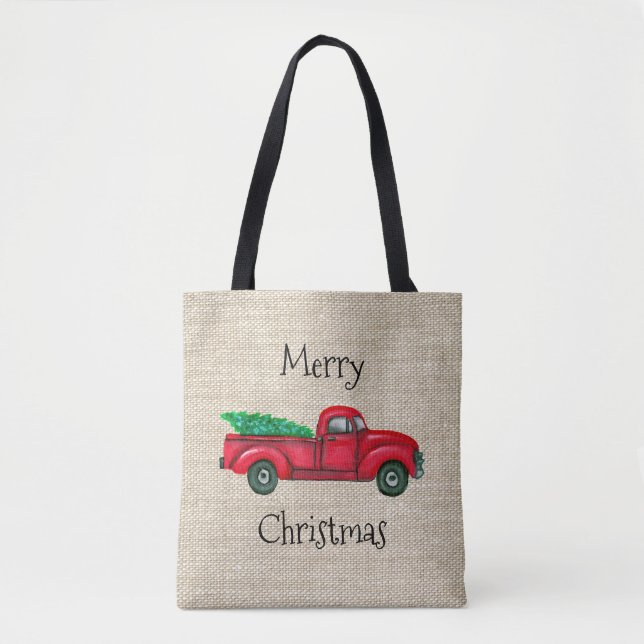 Vintager Red Truck Weihnachtsbaum Tote Tasche (Vorderseite)