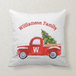 Vintager Red Truck Weihnachtsmonogramm Familiennam Kissen