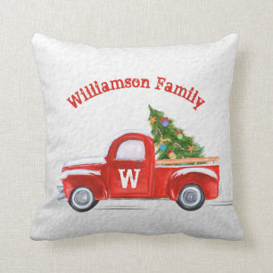 Vintager Red Truck Weihnachtsmonogramm Familiennam Kissen