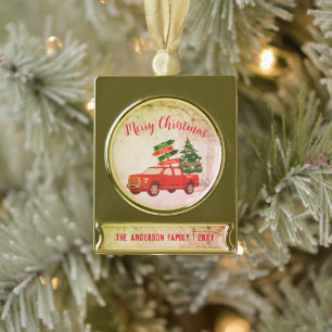 Vintager Red Truck Winterbaum Frohe Weihnachten Banner-Ornament Gold